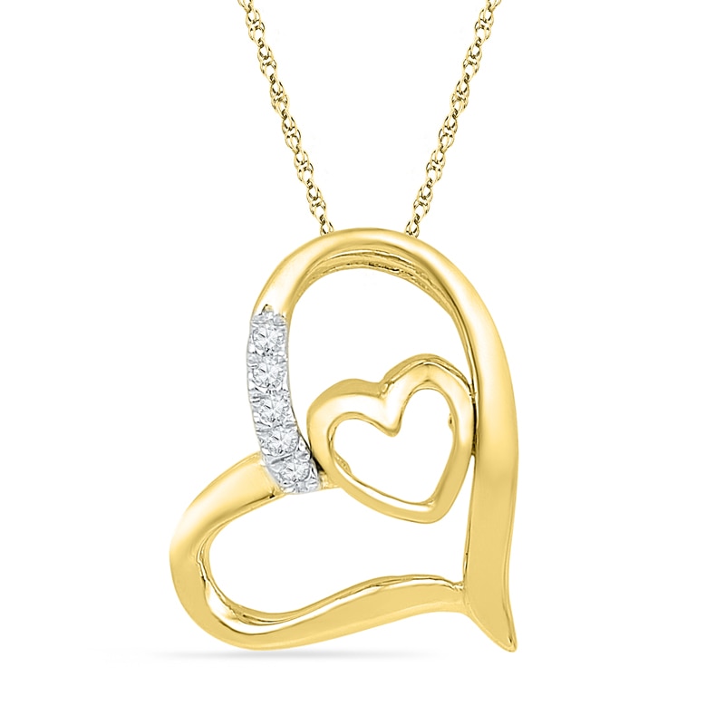 Main Image 1 of Diamond Accent Tilted Double Heart Pendant in 10K Gold