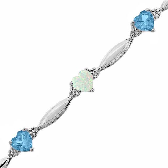 Heart Shaped Lab Created Opal Blue Topaz and Diamond Accent Bracelet in Sterling Silver Zales