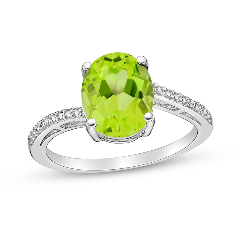 Oval Peridot and Diamond Accent Ring in Sterling Silver