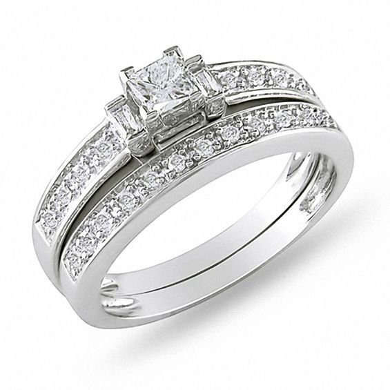 1/3 CT. T.W. Princess-Cut and Baguette Diamond Three Stone Bridal Set in Sterling Silver 1/3 CT. T.W. Princess-Cut and Baguette Diamond Three Stone Bridal Set in Sterling Silver