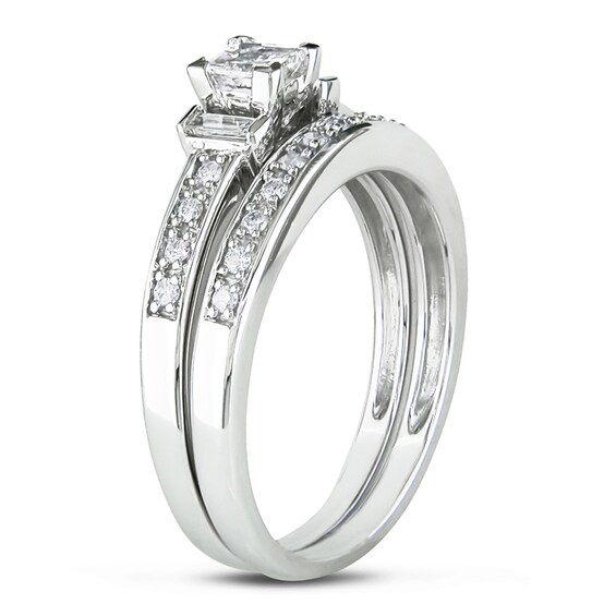 1/3 CT. T.W. Princess-Cut and Baguette Diamond Three Stone Bridal Set in Sterling Silver 1/3 CT. T.W. Princess-Cut and Baguette Diamond Three Stone Bridal Set in Sterling Silver