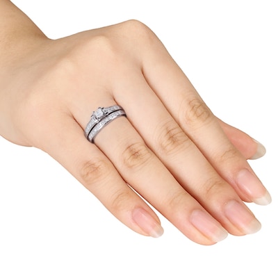 2.65 ct Princess Cut Created Blue Topaz & RD CZ Wedding Band Engagement Bridal Ring Set 14k White Gold Plated 