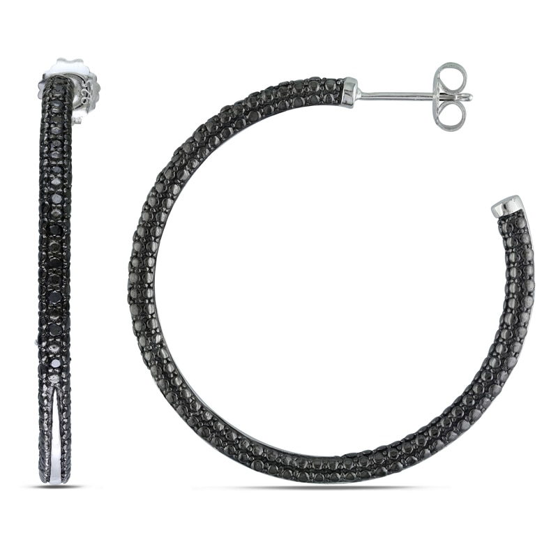 Main Image 1 of 1/4 CT. T.W. Black Diamond Beaded Hoop Earrings in Sterling Silver