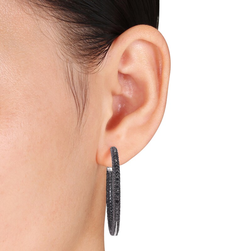 Main Image 3 of 1/4 CT. T.W. Black Diamond Beaded Hoop Earrings in Sterling Silver