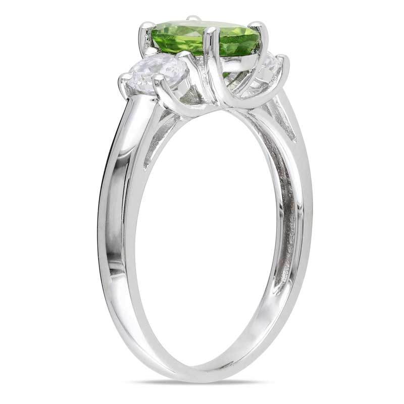 Oval Peridot and Lab-Created White Sapphire Three Stone Ring in Sterling Silver