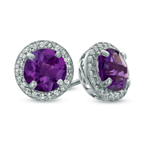 7.0mm Amethyst and Lab-Created White Sapphire Frame Stud Earrings in Sterling Silver