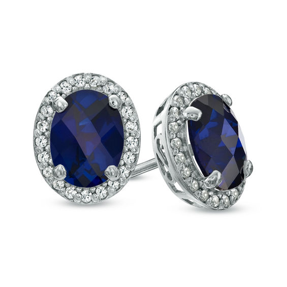 Oval Lab-Created Blue and White Sapphire Frame Stud Earrings in ...