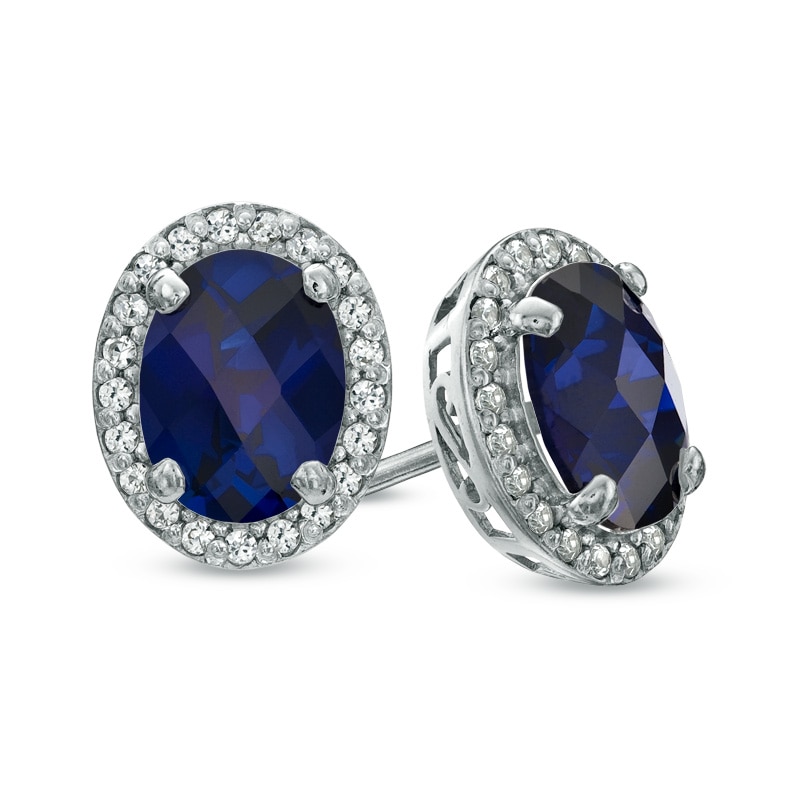 Main Image 1 of Oval Lab-Created Blue and White Sapphire Frame Stud Earrings in Sterling Silver