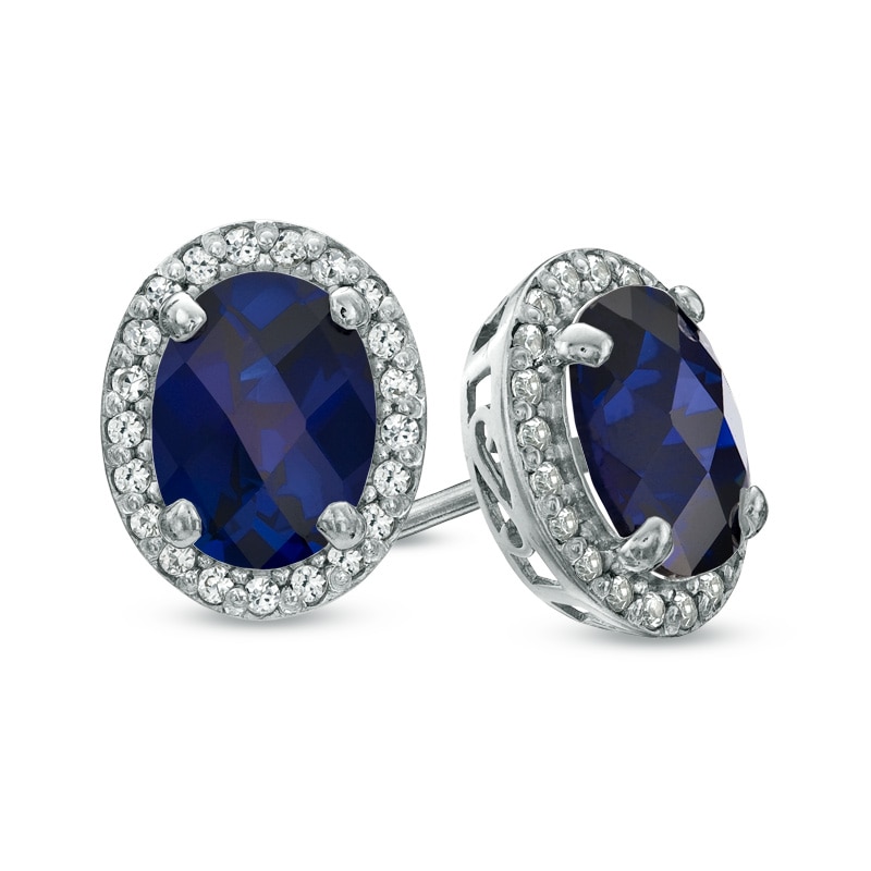 Oval Lab-Created Blue and White Sapphire Frame Stud Earrings in Sterling Silver