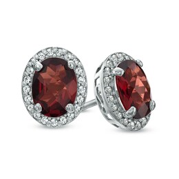 Oval Garnet and Lab-Created White Sapphire Frame Stud Earrings in Sterling Silver