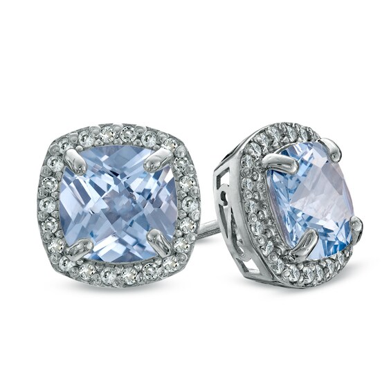 7.0mm CushionCut LabCreated Aquamarine and White Sapphire Frame Stud
