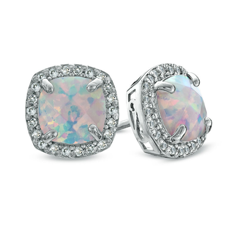 7.0mm Cushion-Cut Lab-Created Opal and White Sapphire Frame Stud Earrings in Sterling Silver