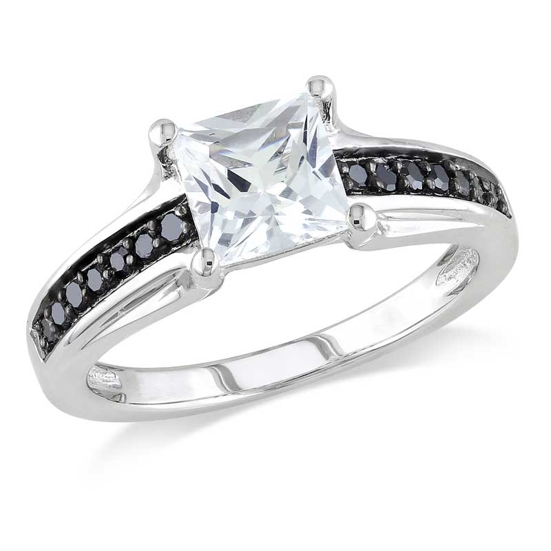 6.0mm Princess-Cut Lab-Created White Sapphire and 1/8 CT. T.W. Black Diamond Ring in Sterling Silver