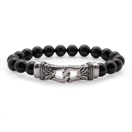 10.mm Black Agate Bead Stretch Bracelet in Stainless Steel - 8.5"