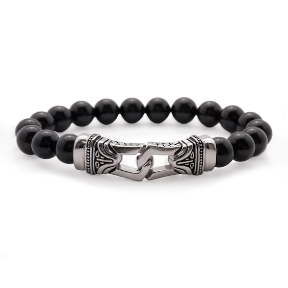 10.mm Black Agate Bead Stretch Bracelet in Stainless Steel - 8.5"