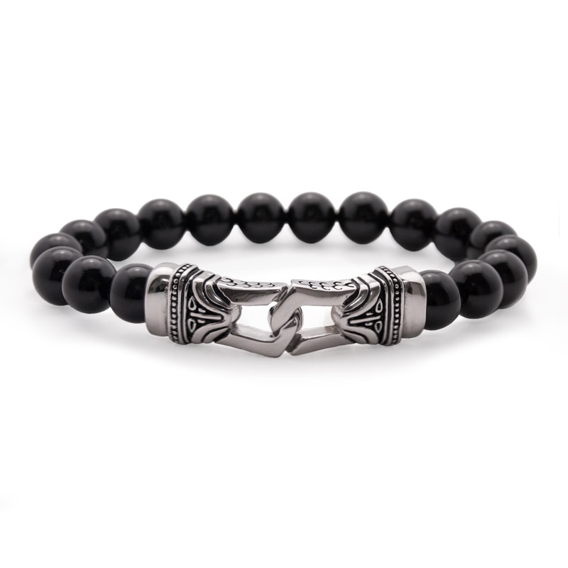 Men's 10.mm Black Agate Bead Stretch Bracelet in Stainless Steel - 8.5"