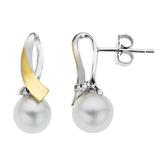 8.0mm Cultured Freshwater Pearl and Diamond Accent Earrings in Sterling Silver and 14K Gold
