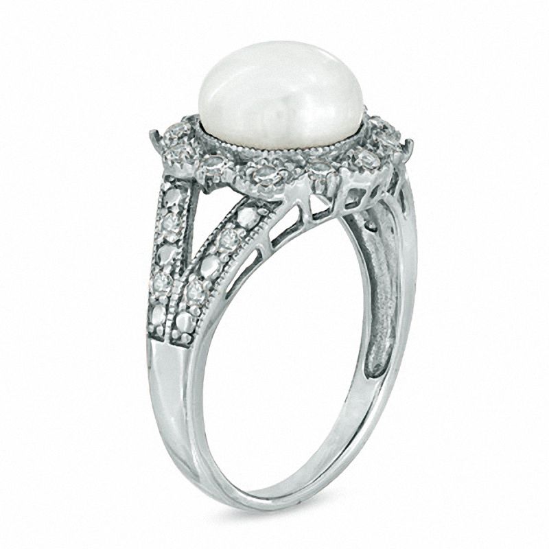 8.0 - 8.5mm Cultured Freshwater Pearl and Lab-Created White Sapphire Vintage-Style Ring in Sterling Silver