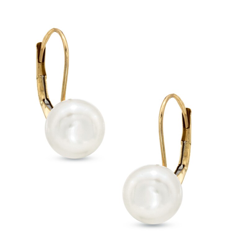 8.0 9.0mm Button Cultured Freshwater Pearl Drop Earrings in 14K Gold
