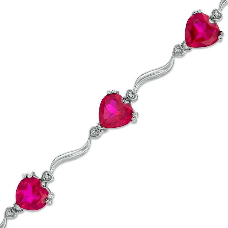Main Image 1 of 8.0mm Heart-Shaped Lab-Created Ruby and Diamond Accent Bracelet in Sterling Silver - 7.25"