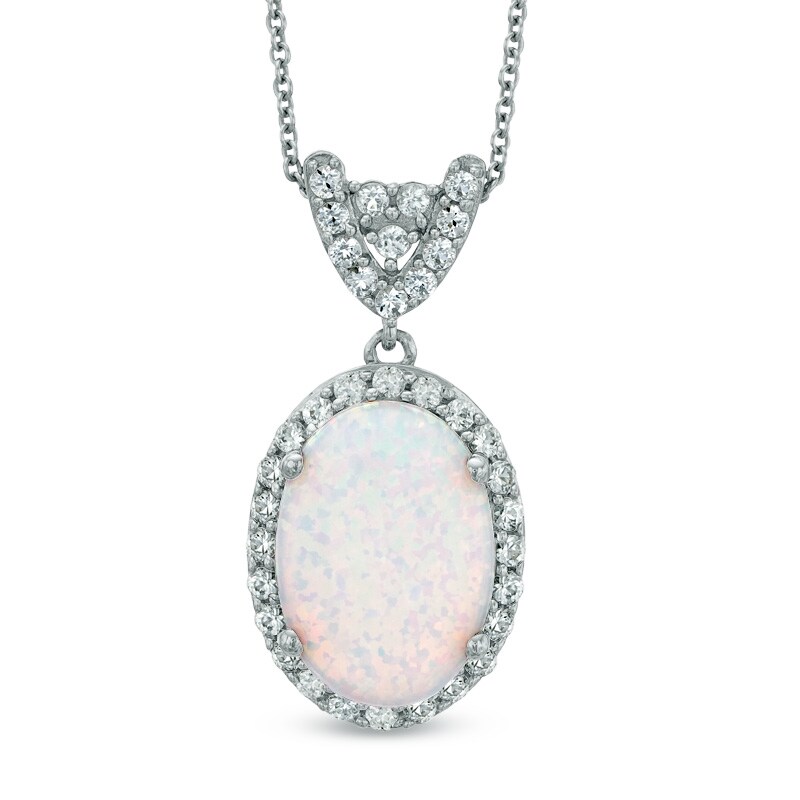 Main Image 1 of Oval Lab-Created Opal and White Sapphire Pendant in Sterling Silver
