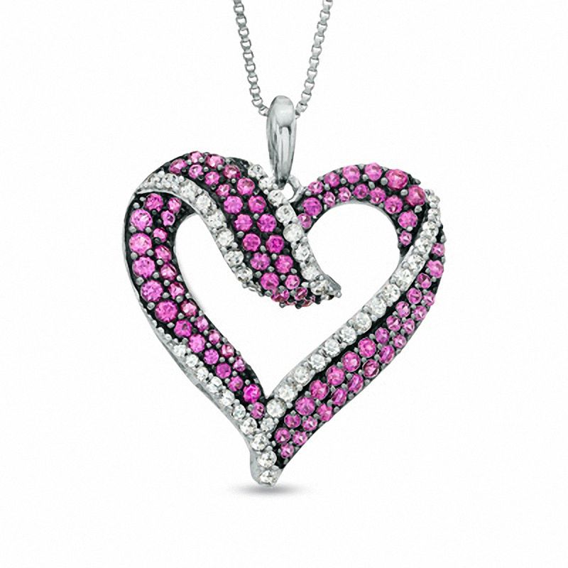 Main Image 1 of Lab-Created Ruby and White Sapphire Ribbon Heart Pendant in Sterling Silver