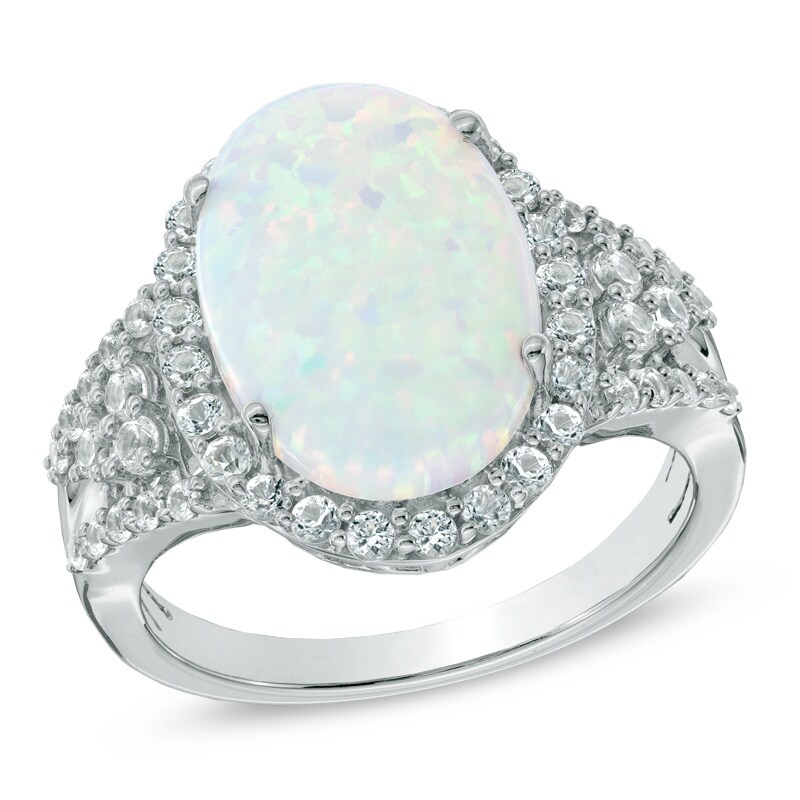 Main Image 1 of Oval Lab-Created Opal and White Sapphire Ring in Sterling Silver