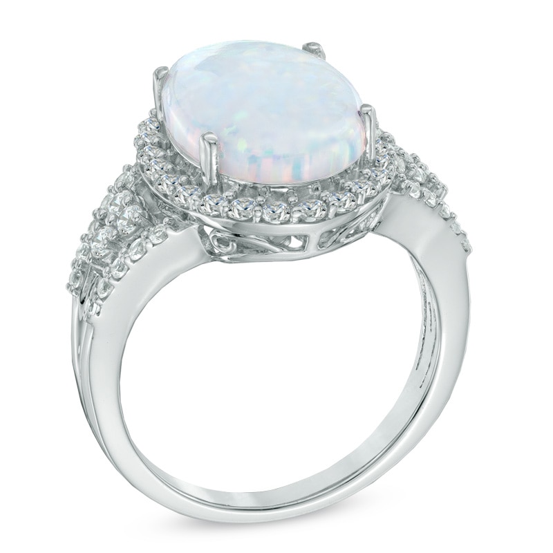 Main Image 2 of Oval Lab-Created Opal and White Sapphire Ring in Sterling Silver