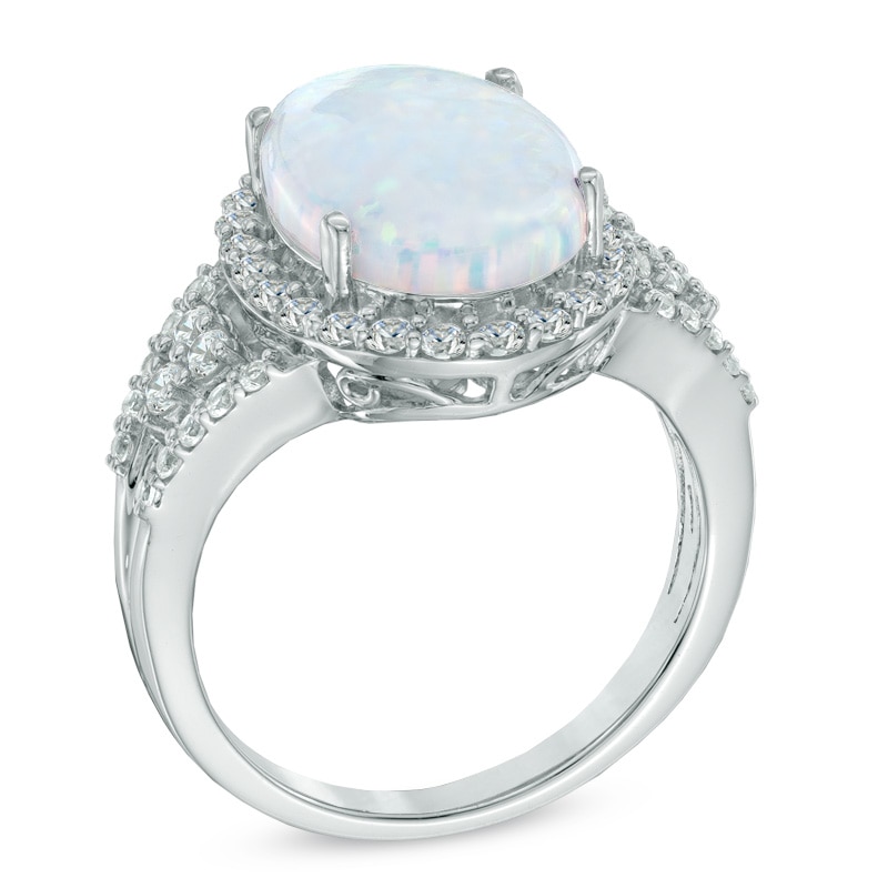 Oval Lab-Created Opal and White Sapphire Ring in Sterling Silver