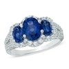 Thumbnail Image 1 of Oval Lab-Created Blue and White Sapphire Three Stone Ring in Sterling Silver