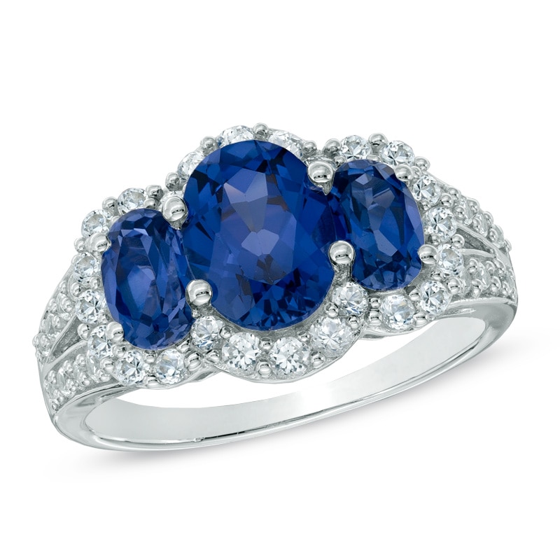 Oval Lab-Created Blue and White Sapphire Three Stone Ring in Sterling Silver