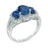 Thumbnail Image 1 of Oval Lab-Created Blue and White Sapphire Three Stone Ring in Sterling Silver