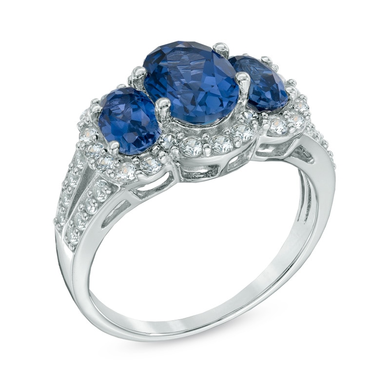 Oval Lab-Created Blue and White Sapphire Three Stone Ring in Sterling Silver