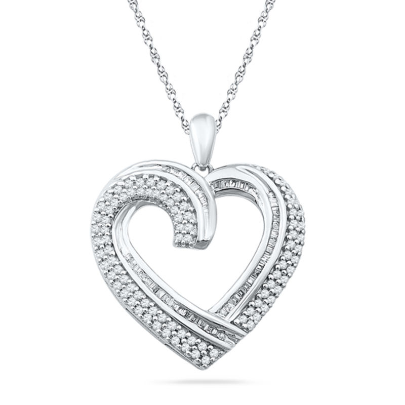 3 4 Ct T W Diamond Double Row Heart Pendant In Sterling Silver T W Diamond Double Row Heart Pendant In Sterling Silver