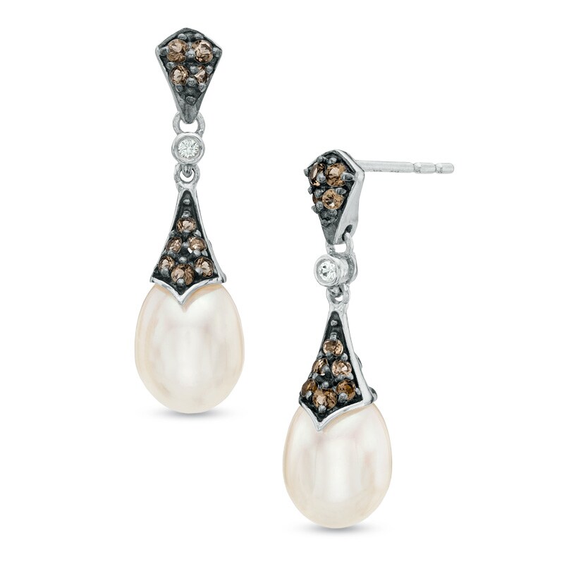 Main Image 1 of 6.5-7.0mm Freshwater Cultured Pearl, Smoky Quartz and Lab-Created White Sapphire Earrings in Sterling Silver