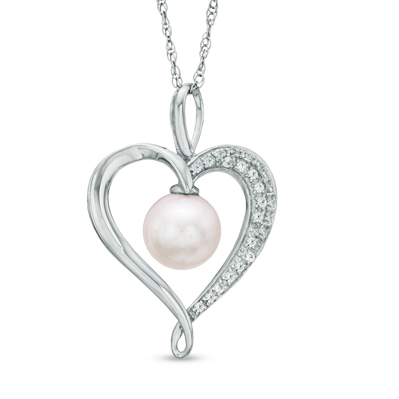 7.5 - 8.0mm Cultured Freshwater Pearl and Lab-Created White Sapphire  Heart Pendant in Sterling Silver