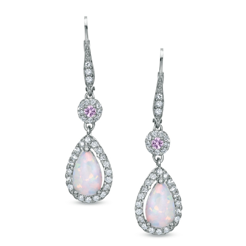 Main Image 1 of Pear-Shaped Lab-Created Opal and Pink and White Sapphire Drop Earrings in Sterling Silver