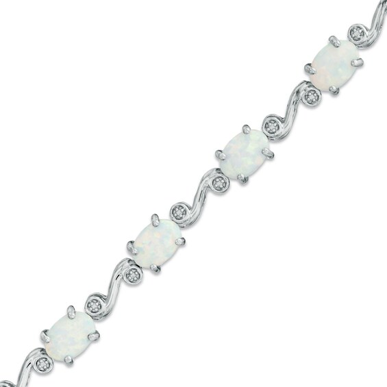 Oval Lab-Created Opal and Diamond Accent Bracelet in Sterling Silver - 7.25"