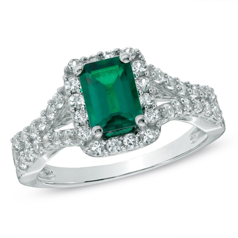 Emerald-Cut Lab-Created Emerald and White Sapphire Ring in 10K White Gold