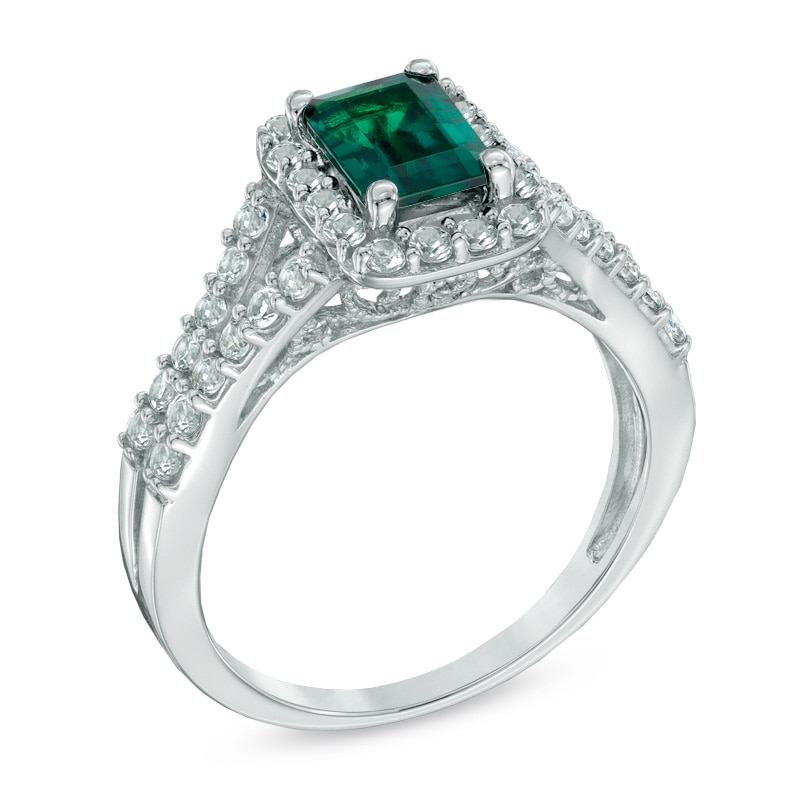 Emerald-Cut Lab-Created Emerald and White Sapphire Ring in 10K White Gold