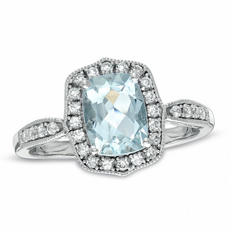 Cushion-Cut Aquamarine and Lab-Created White Sapphire Ring in Sterling Silver