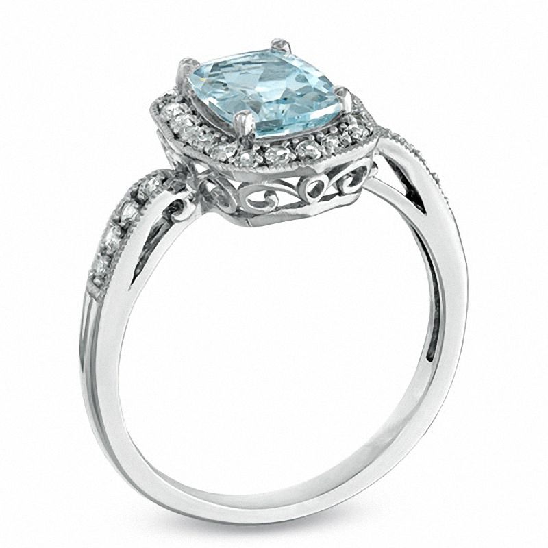 Cushion-Cut Aquamarine and Lab-Created White Sapphire Ring in Sterling Silver