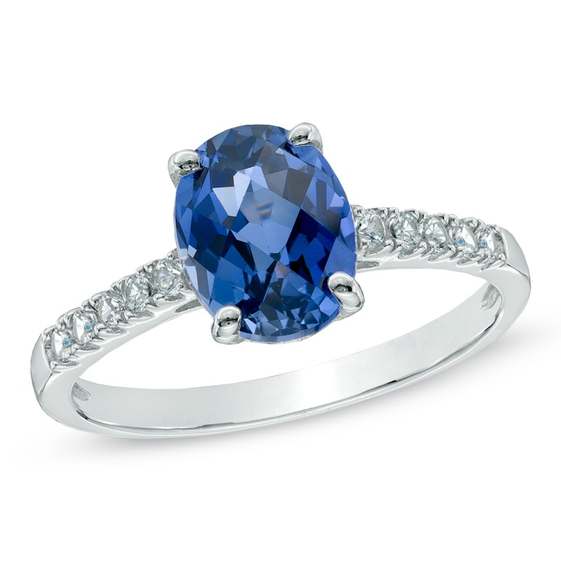 Main Image 1 of Oval Lab-Created Blue and White Sapphire Ring in 10K White Gold