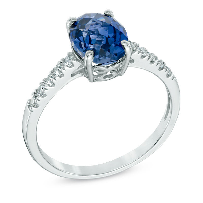 Oval Lab-Created Blue and White Sapphire Ring in 10K White Gold