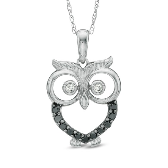 1/8 CT. T.w. Enhanced Black and White Diamond Owl Pendant in Sterling Silver