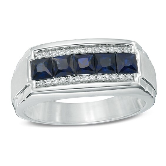 Men's Square-Cut Blue Sapphire and 1/8 CT. T.w. Diamond Ring in 10K White Gold