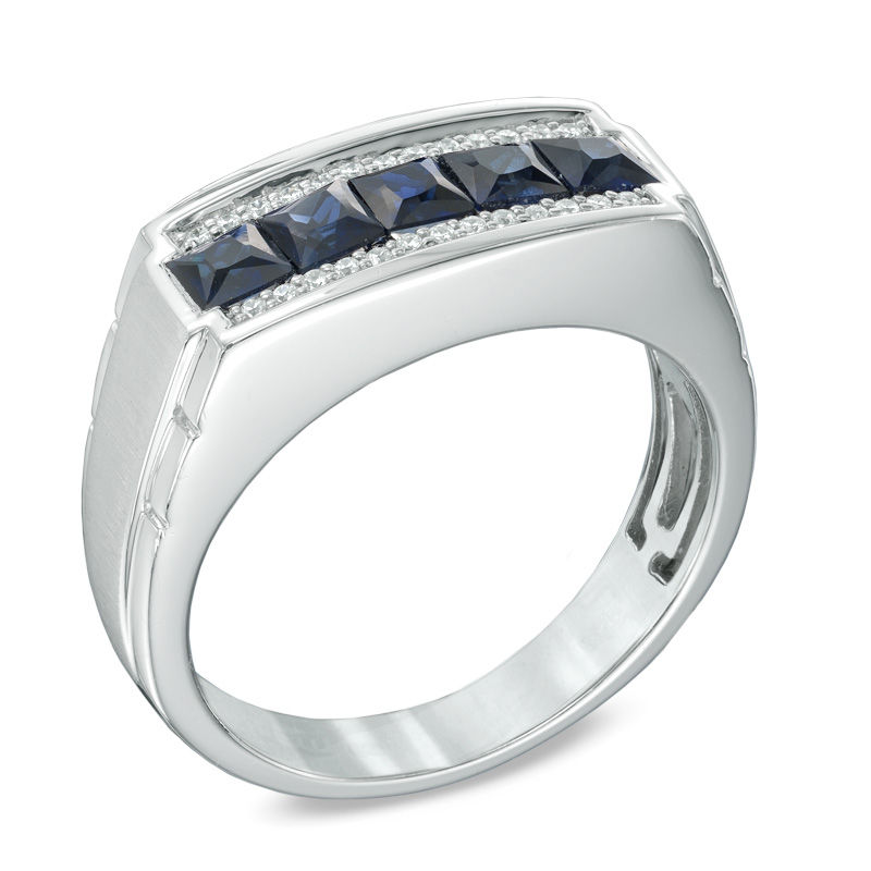 Men's Square-Cut Blue Sapphire and  1/8 CT. T.W. Diamond Ring in 10K White Gold