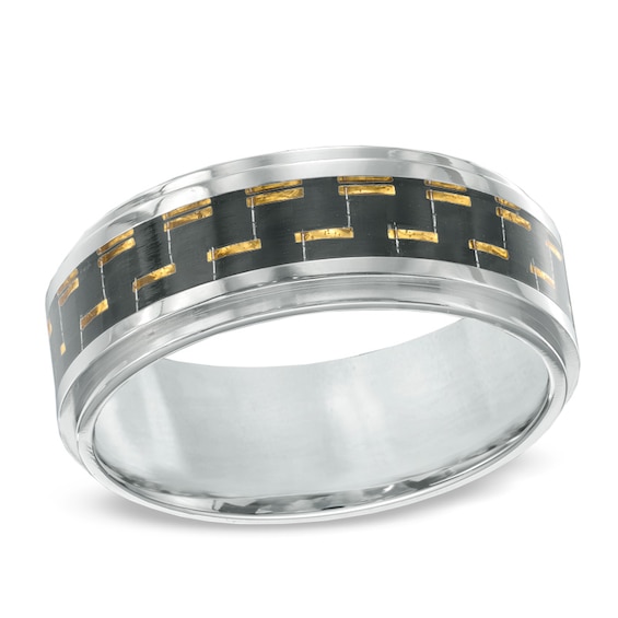 9.0mm Two-Tone Carbon Fiber Comfort Fit Wedding Band in Stainless Steel - Size 10