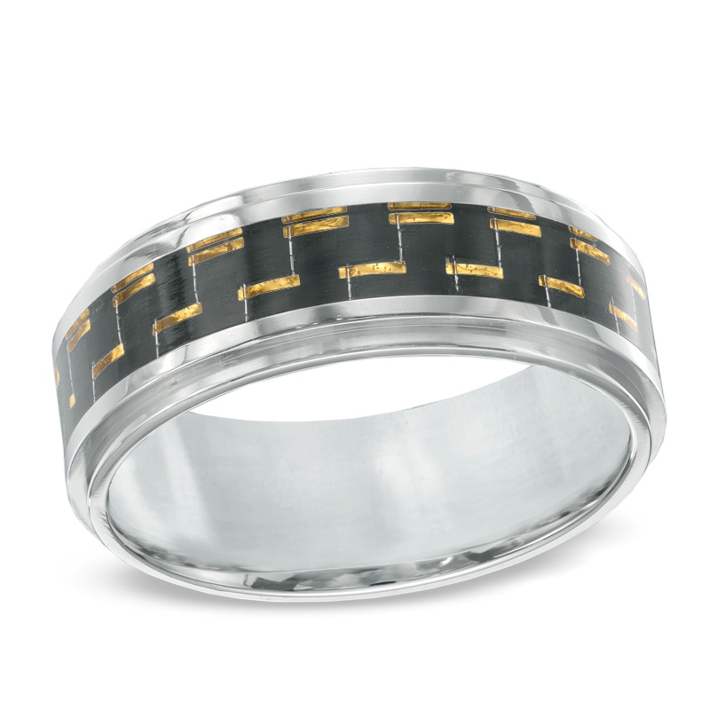 Men's 9.0mm Two-Tone Carbon Fiber Comfort Fit Wedding Band in Stainless ...