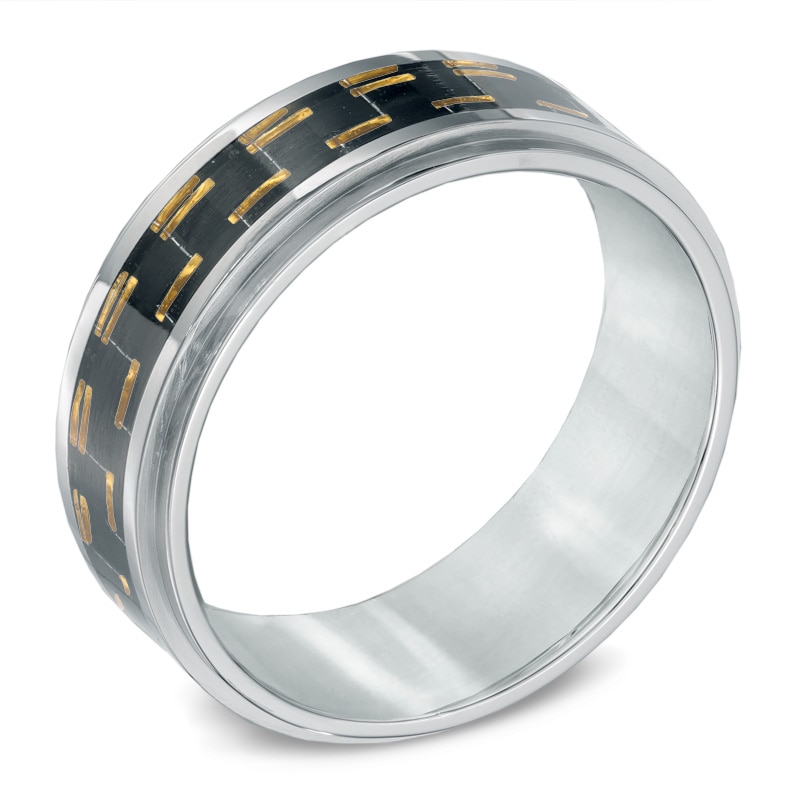Men's 9.0mm Two-Tone Carbon Fiber Comfort Fit Wedding Band in Stainless Steel - Size 10
